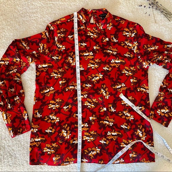 Ann Taylor Red Floral Floral‎ Mock Neck Printed Long Sleeve Blouse Top Small - Picture 7 of 11